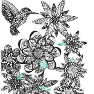 Fekete-fehér virág és kolibri mintás öntapadós design csempematrica 4db/szett 15x15cm